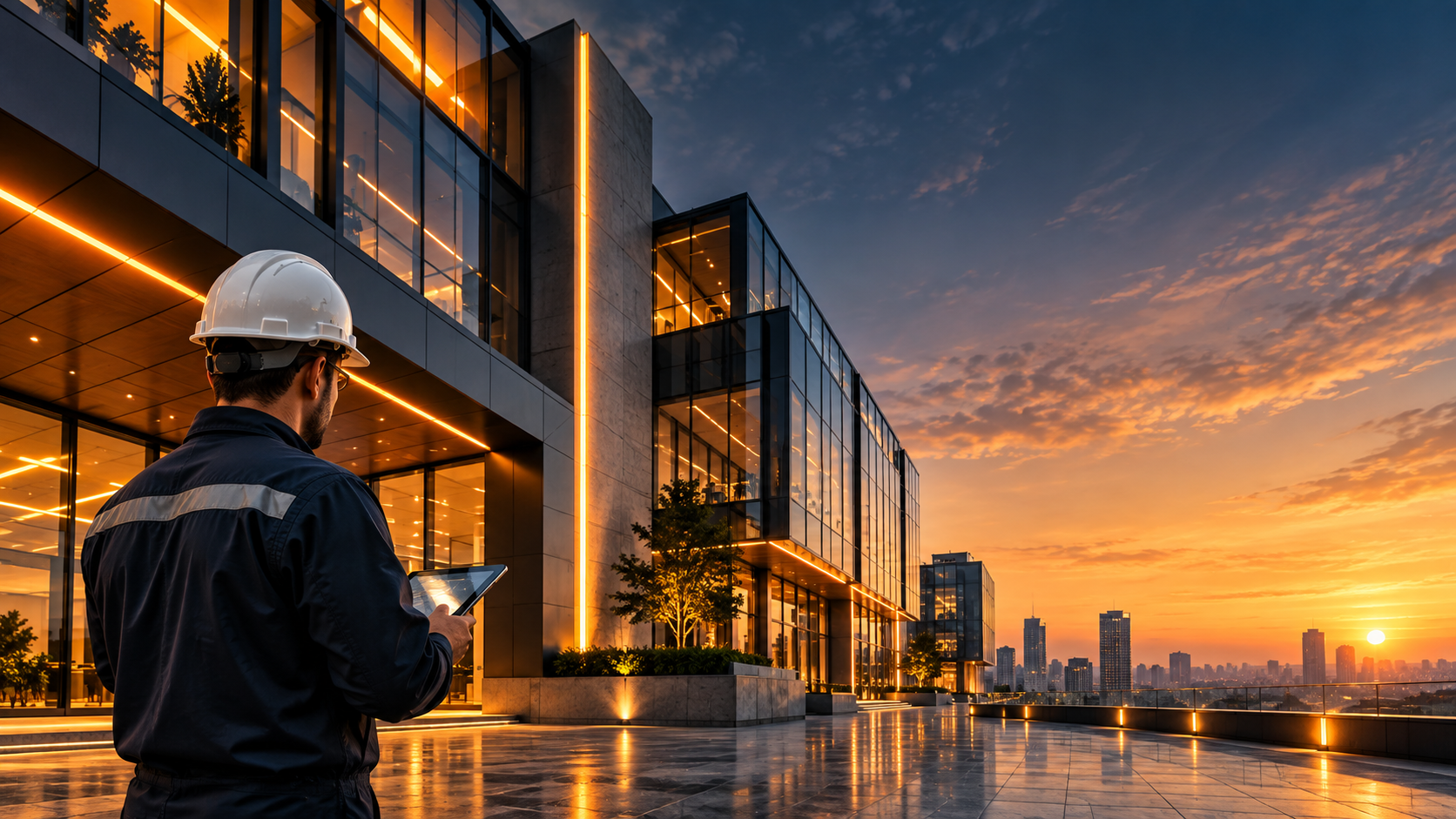 Técnico acompanhando um edifício corporativo ao entardecer