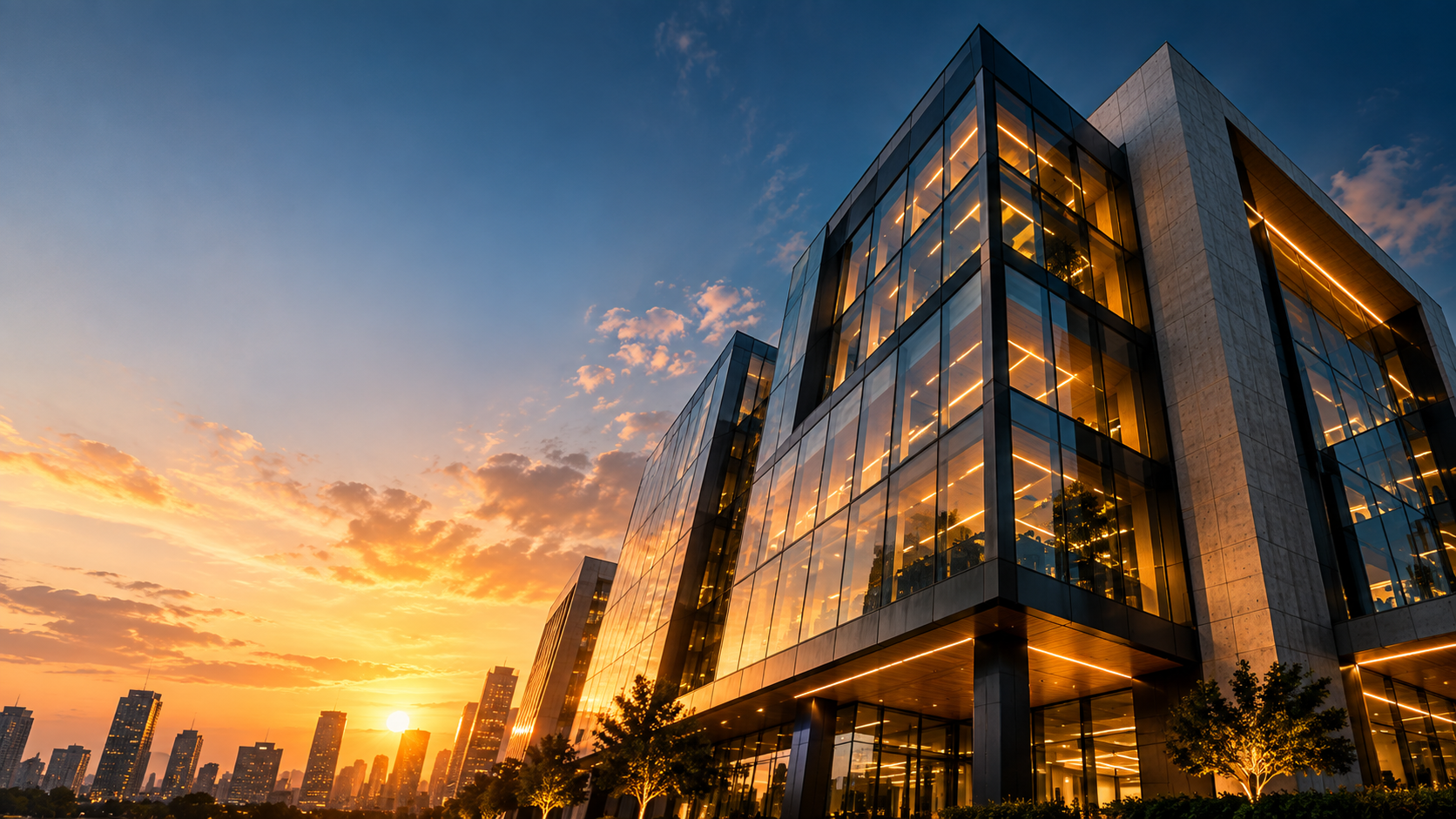 Edifício corporativo ao entardecer