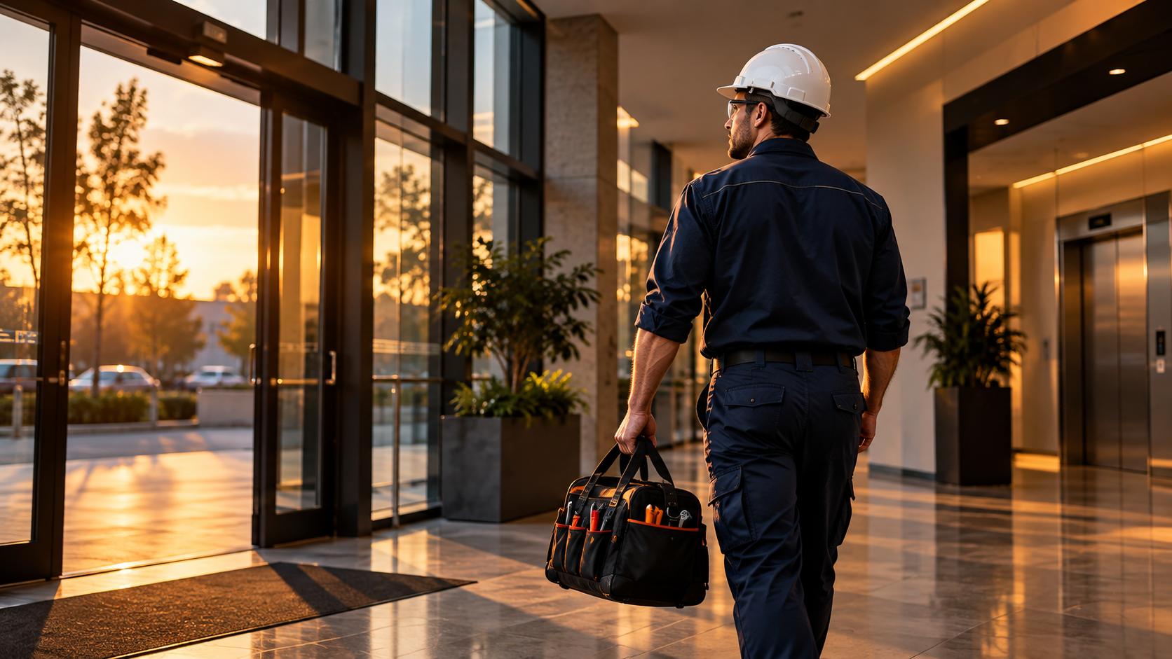 Técnico da BFX entrando em um edifício corporativo